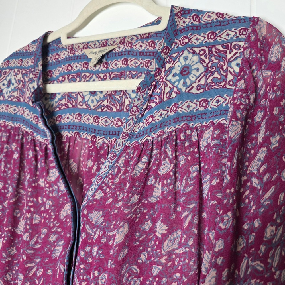 Lucky Brand Floral Boho Blouse Small Magenta Purple Blue Henley Chiffon Top - Picture 4 of 9